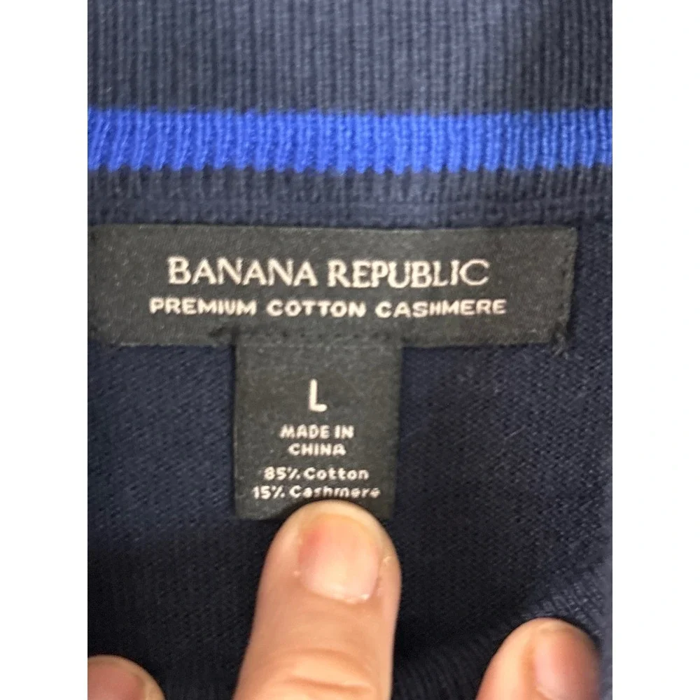 Banana Republic Mens Cotton Cashmere Quarter Zip Sweater Navy Blue Stripe Large